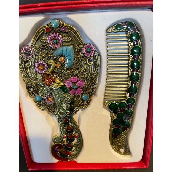 Beautiful Cloisonne Brass Peacock Mirror and Comb Set New main image 4